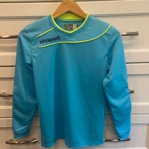 Uhlsport goalie shirt. Brand new with tags.  Aqua blue with yellow trim. Mens xs